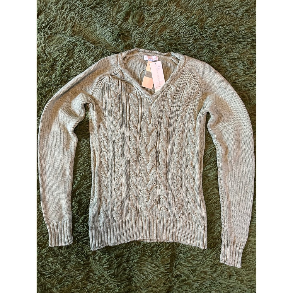 Charter Club Sweater Womens Medium  Green Casual Cotton II Cable Knit V-Neck NEW